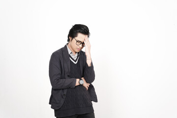 Expressing Frustration and Suffering Headache Of Handsome Asian Man Isolated On White Background