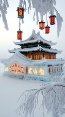 Enchanting Winter Wonderland with Traditional Chinese Architecture: Snowy Pagoda, Red Lanterns, Ice Sculpture, Frost-Covered Branches Illuminate Night Sky