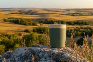 Obraz premium Calm Landscape with a Green Mug on a Rock at Sunset