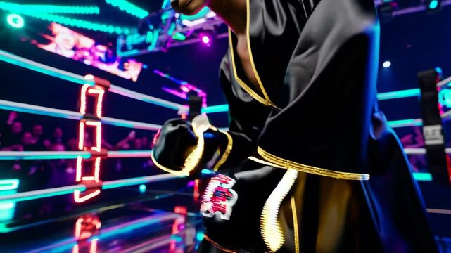 Kangaroo dressed as a boxing champion wearing gloves and a robe inside a futuristic neon-lit boxing arena

