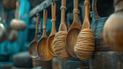Vintage Wooden Spoons in Rustic Style Composition Vertical View