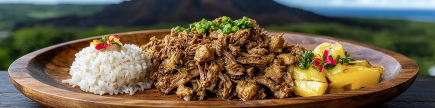 Fototapeta Delicious Hawaiian Kalua Pork with Rice and Pineapple in Tropical Island Setting with Mountain and Ocean View - Perfect Exotic Lunch Dish in Outdoor Dining
