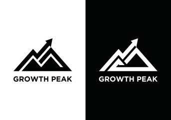 Financial mountain hill and arrow logo design template. Mountain shaped brand, icon, badge or label. Finance and business growth design vector
