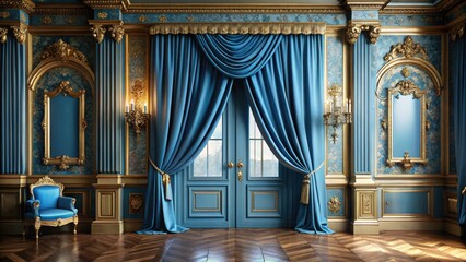 Fototapeta premium Elegant Blue Satin Curtain in Opulent Classic Room with Golden Wall Details, Capturing Sophistication and Urban Exploration Aesthetic