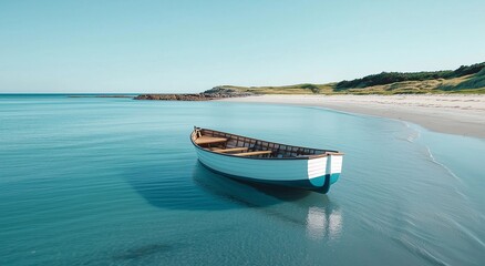 Obraz premium Serene boat resting in calm waters along a tranquil beach at sunrise near a lush coastal landscape