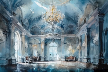 beautiful antique blue ballroom with chandelier, watercolor,., watercolor style, Generative AI