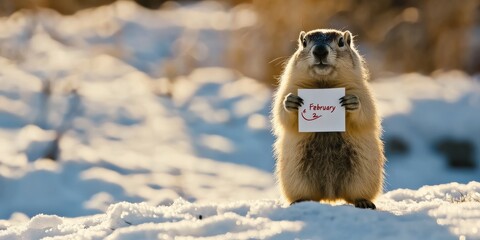 Groundhog standing on snowy ground, looking curiously at the calendarsoft winter sunlight, festive atmosphere, symbol of seasonal change, traditional Groundhog Day celebration