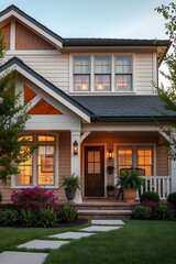 Obraz premium Luxury Home Exterior at Dusk: Modern Architectural Design, Landscaping, and Garden