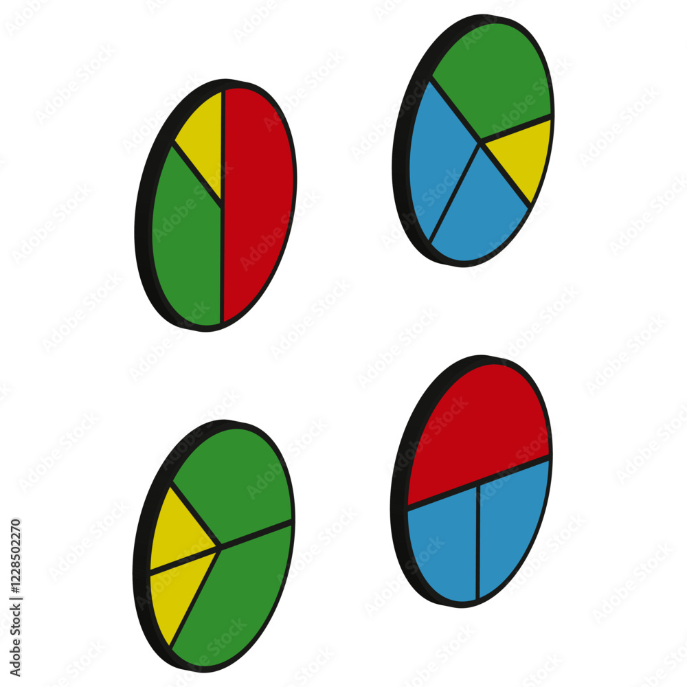 Poster colorful pie charts. circular data segments. infographic visualization set. bright diagram elements.
