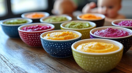 Colorful assortment of pureed baby foods in vibrant bowls set on a rustic wooden table with curious children in the background