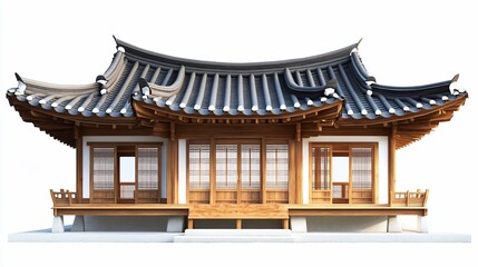 Obraz premium Traditional Korean Hanok House with Gray Tiled Roof and Wooden Structure