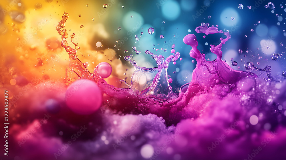 Poster liquid chrome creates a mesmerizing splash of color over vibrant bubbles in an abstract setting. gen