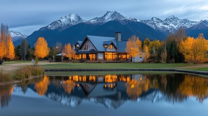 Fototapeta premium Serene Mountain Retreat with Colorful Autumn Trees and Reflections