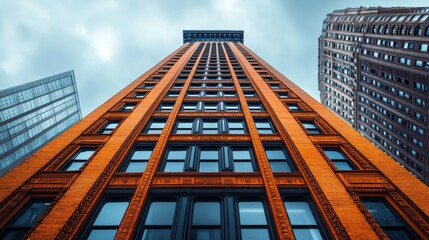 Naklejka premium Tall Brick Building with Cloudy Sky in Urban Environment