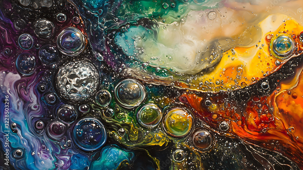 Poster visually striking liquid chrome with vibrant colors and bubbles creating an abstract masterpiece. ge