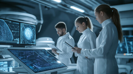 Scientists in futuristic laboratory analyzing data on advanced digital screens