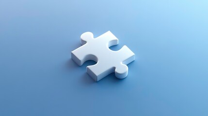 White puzzle piece ready to complete the puzzle, set against a smooth blue gradient background, highlighting its glossy surface and unique shape.