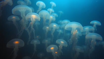 A glowing jellyfish forest deep in the ocean, pulsing with an ethereal light in the dark abyss