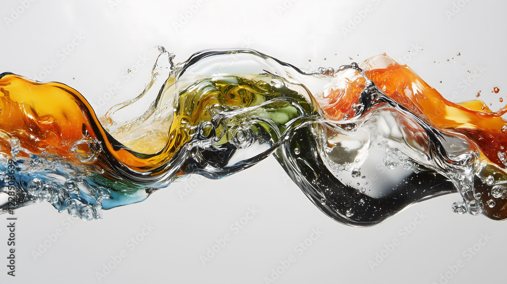 Poster visually striking chrome liquid waves blending vibrant colors in a dynamic display of movement. gene