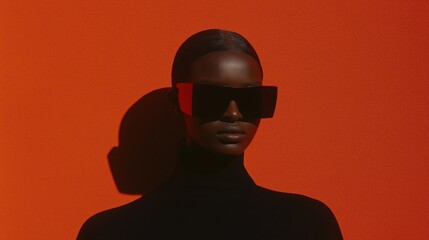Fashionable woman in black with oversized sunglasses against a bold red background