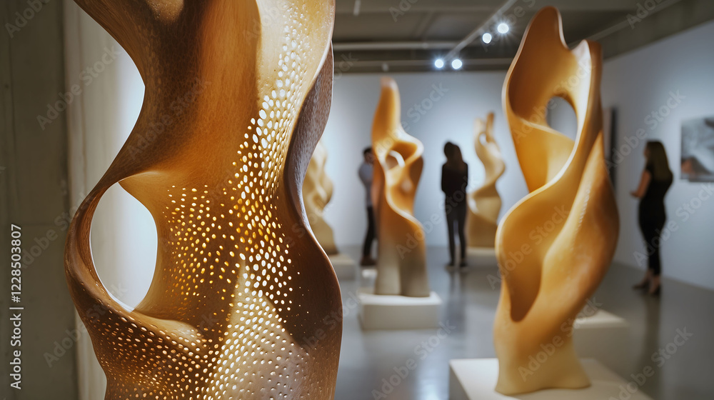 Poster exploring the fluidity of form in abstract clay installation at contemporary art gallery. generative