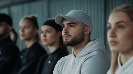 Obraz premium group of focused young adults in casual sportswear attentively listening during team meeting