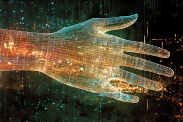 Digital hand with streaming data lines in futuristic design