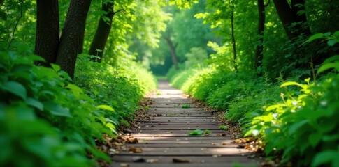 Fototapeta premium Dense greenery surrounds a weathered wooden pathway, mangrove forest, wooden path