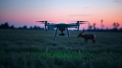 Drone flying over grassy field at sunset, technology in nature