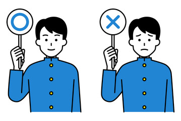 ○×マークのプラカードを上げる男子学生