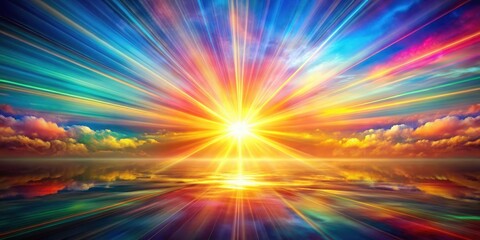 Obraz premium Soaring rays of sunlight filter through a vibrant abstract backdrop, casting kaleidoscopic colors across the landscape, backdrop, color palette