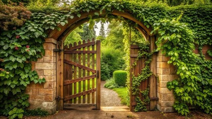 Fototapeta premium A romantic garden gate with a charming wooden structure and vines growing through the bars