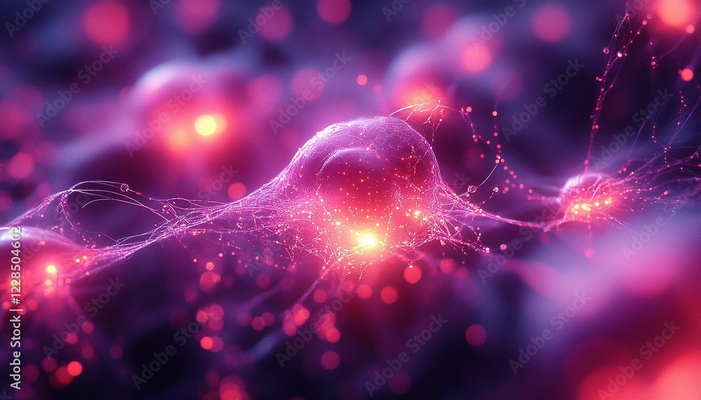Poster pink neurons with connecting lines on dark background for science presentation