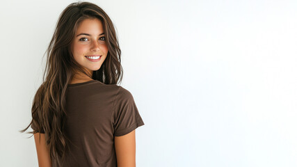 Fototapeta premium Brunette young woman wearing brown clothes smiling isolated on white background