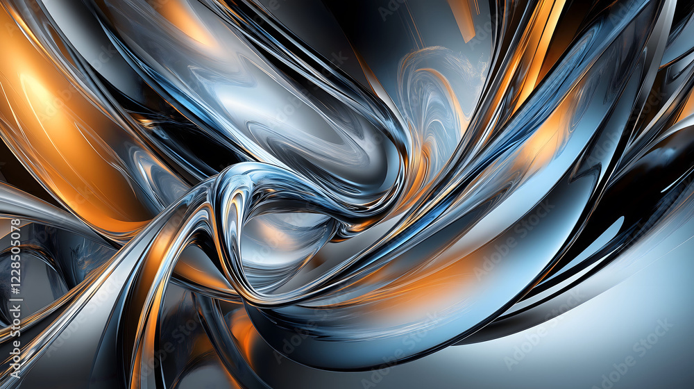 Aufkleber swirling chrome liquid creates dynamic abstract composition with hints of orange and blue tones. gen