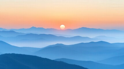 Obraz premium Serene sunrise over layered mountain ranges with soft hues illuminating the horizon