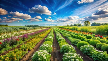 Naklejka premium rows of lush green herbs and flowers in a field with blue sky and white clouds