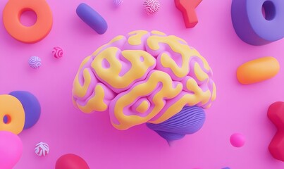Pink brain, colorful shapes, studio shot, cognitive concept