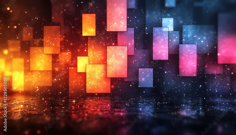 Poster rectangular shapes float over ground, light glows in background, could be used for tech