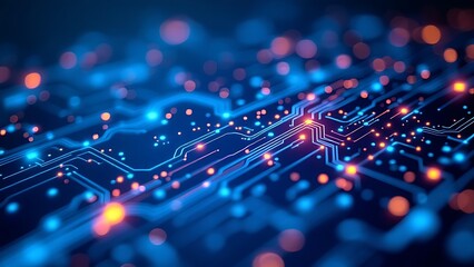Fototapeta premium Abstract digital network circuit board background banner with glowing light and connecting data dots in blue and black colors. Big data technology concept.
