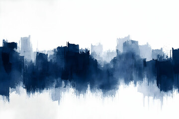 Cityscape abstract painting, blue hues,  white background, art print