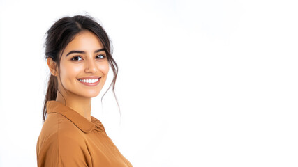 Pakistani young woman wearing brown clothes smiling isolated on white background