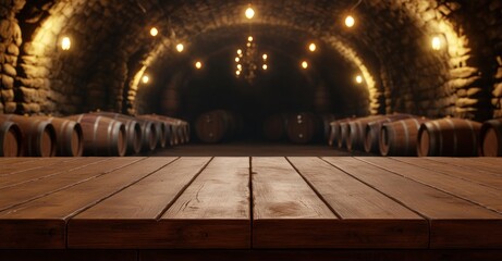 Wooden Table in a Rustic Wine Cellar