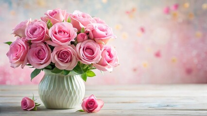 Fresh pink roses in a decorative vase, flower arrangement