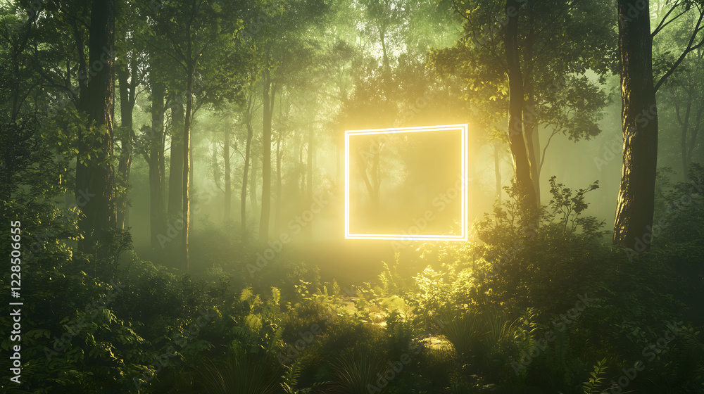 Poster misty forest setting features a glowing neon square illuminating the tranquil surroundings. generati