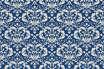 Fototapeta premium Wallpaper in the style of Baroque. Seamless vector background. Golden and dark blue floral ornament. Graphic pattern for fabric, wallpaper, packaging. Ornate Damask flower ornament