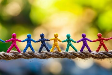 Colorful Rope Figures Holding Hands on a Tightrope
