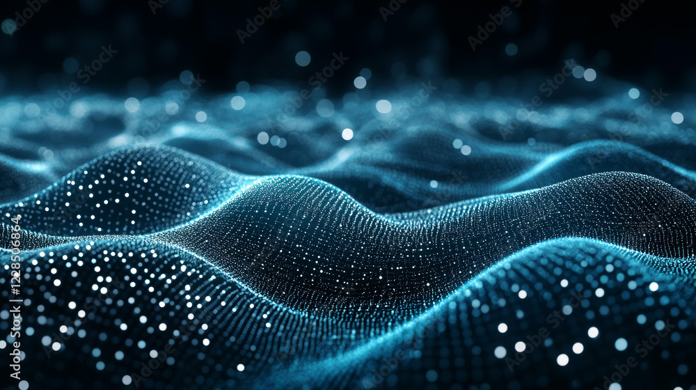 Poster abstract blue waves with sparkling particles. a mesmerizing depiction of flowing blue waves accentua
