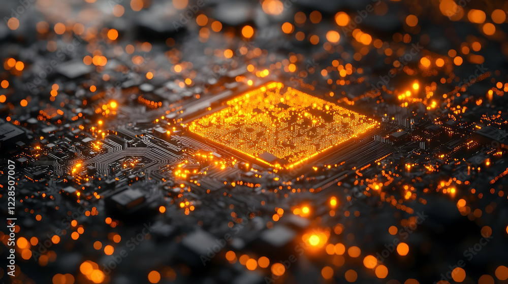 Poster glowing cpu on circuit board, tech background