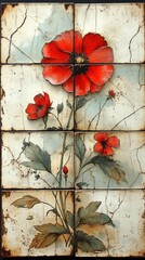 Red Flowers on Tiles. Cracks background. Possible use, wall decor or pattern